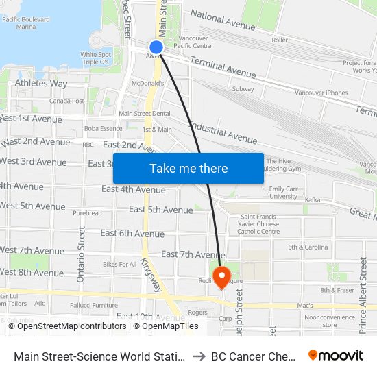 Main Street-Science World Station @ Bay 1 to BC Cancer Chemo Unit map