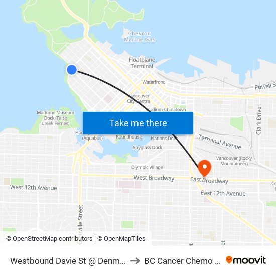 Westbound Davie St @ Denman St to BC Cancer Chemo Unit map