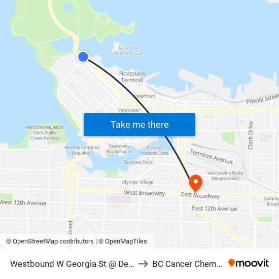 Westbound W Georgia St @ Denman St to BC Cancer Chemo Unit map