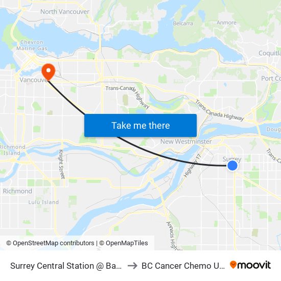 Surrey Central Station @ Bay 2 to BC Cancer Chemo Unit map