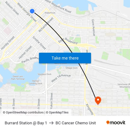 Burrard Station @ Bay 1 to BC Cancer Chemo Unit map