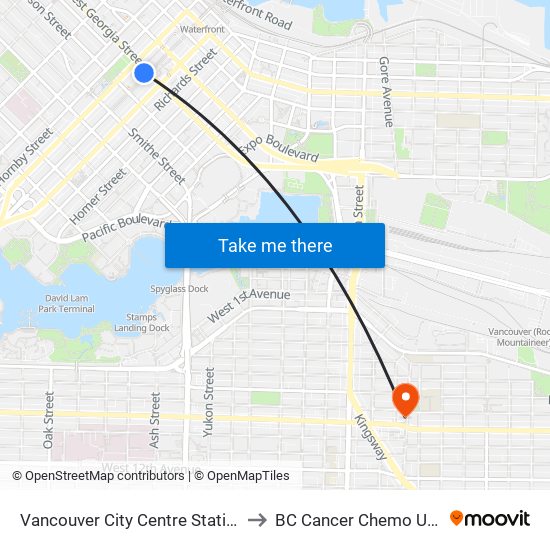Vancouver City Centre Station to BC Cancer Chemo Unit map