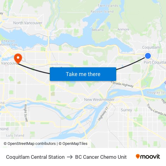 Coquitlam Central Station to BC Cancer Chemo Unit map