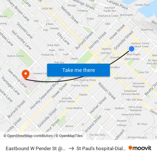 Eastbound W Pender St @ Seymour St to St Paul's hospital-Dialysis Clinic map