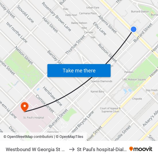 Westbound W Georgia St @ Burrard St to St Paul's hospital-Dialysis Clinic map