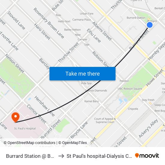 Burrard Station @ Bay 1 to St Paul's hospital-Dialysis Clinic map