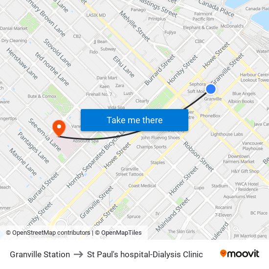 Granville Station to St Paul's hospital-Dialysis Clinic map