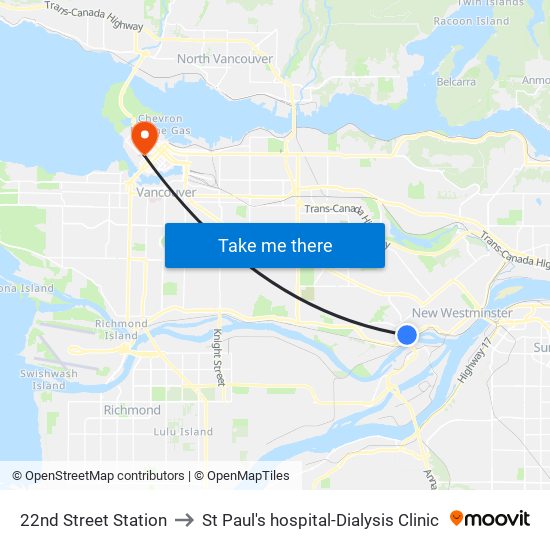 22nd Street Station to St Paul's hospital-Dialysis Clinic map