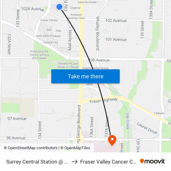 Surrey Central Station @ Bay 9 to Fraser Valley Cancer Center map