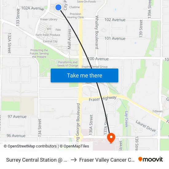 Surrey Central Station @ Bay 2 to Fraser Valley Cancer Center map
