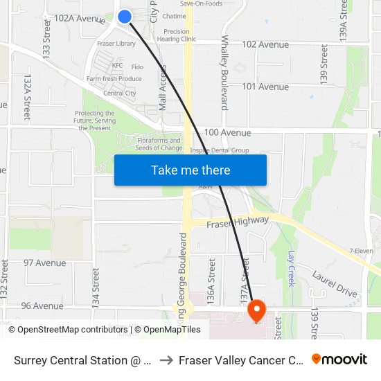 Surrey Central Station @ Bay 4 to Fraser Valley Cancer Center map