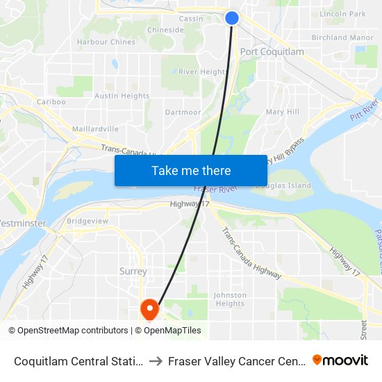 Coquitlam Central Station to Fraser Valley Cancer Center map