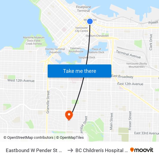 Eastbound W Pender St @ Seymour St to BC Children's Hospital Foundation map