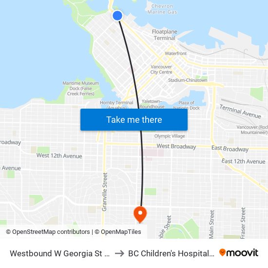 Westbound W Georgia St @ Denman St to BC Children's Hospital Foundation map