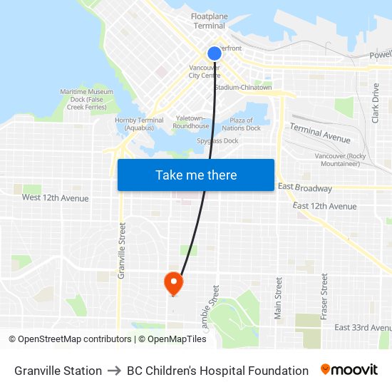 Granville Station to BC Children's Hospital Foundation map