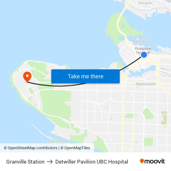 Granville Station to Detwiller Pavilion UBC Hospital map