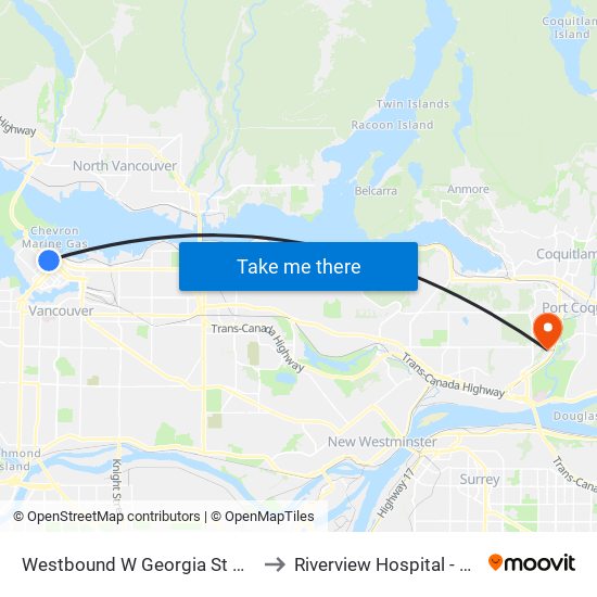 Westbound W Georgia St @ Burrard St to Riverview Hospital - East Lawn map