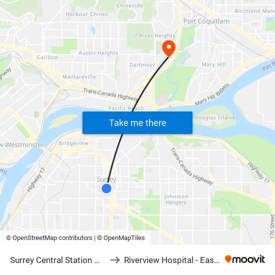 Surrey Central Station @ Bay 7 to Riverview Hospital - East Lawn map