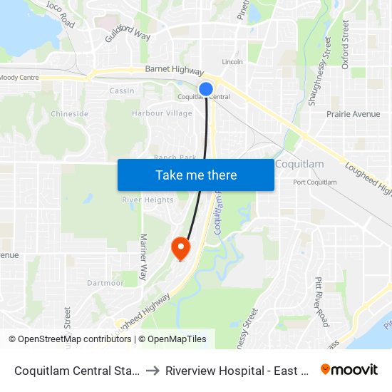 Coquitlam Central Station to Riverview Hospital - East Lawn map