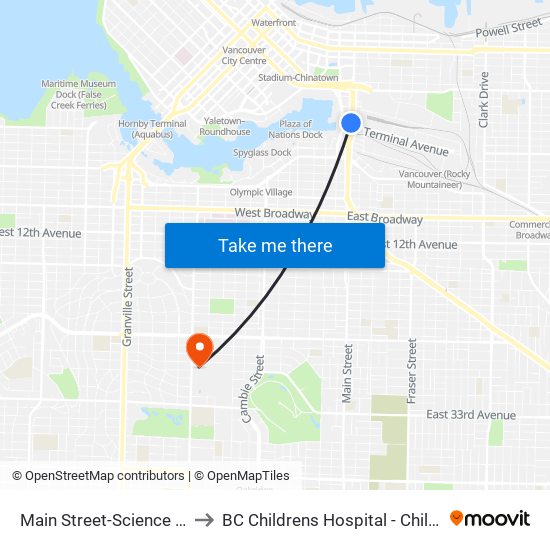 Main Street-Science World Station @ Bay 1 to BC Childrens Hospital - Child & Family Research Institute map
