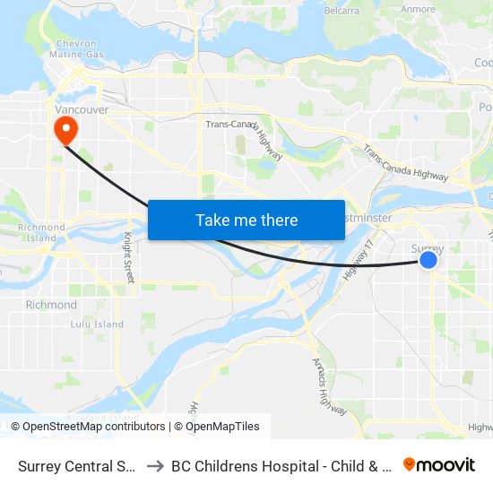 Surrey Central Station @ Bay 8 to BC Childrens Hospital - Child & Family Research Institute map