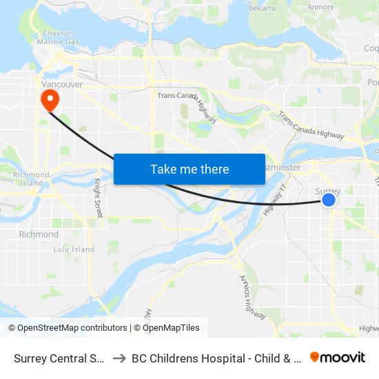 Surrey Central Station @ Bay 9 to BC Childrens Hospital - Child & Family Research Institute map