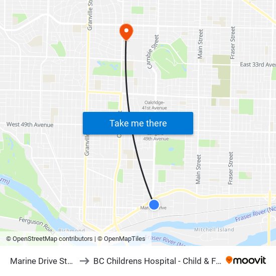 Marine Drive Station @ Bay 1 to BC Childrens Hospital - Child & Family Research Institute map