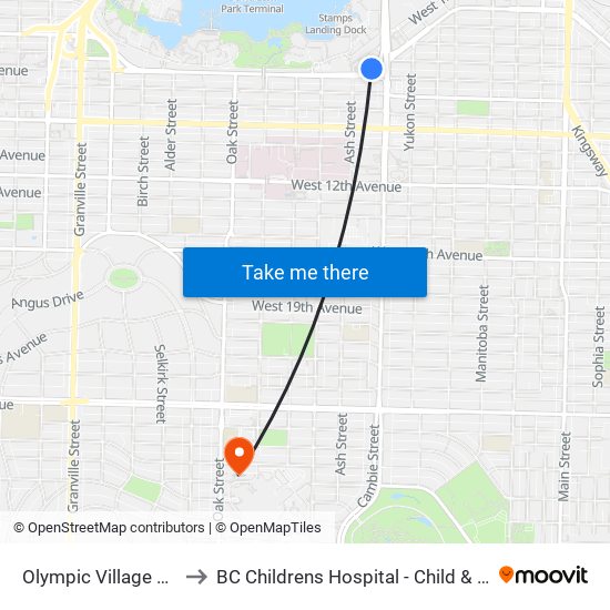 Olympic Village Station @ Bay 1 to BC Childrens Hospital - Child & Family Research Institute map