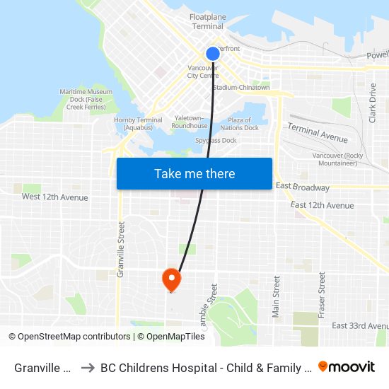 Granville Station to BC Childrens Hospital - Child & Family Research Institute map