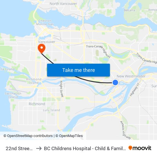 22nd Street Station to BC Childrens Hospital - Child & Family Research Institute map