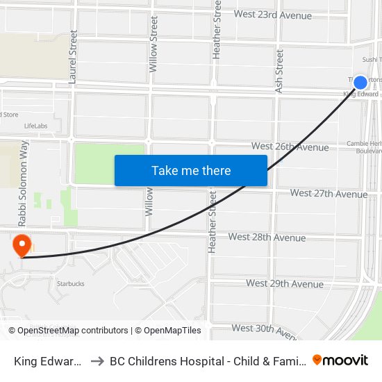 King Edward Station to BC Childrens Hospital - Child & Family Research Institute map