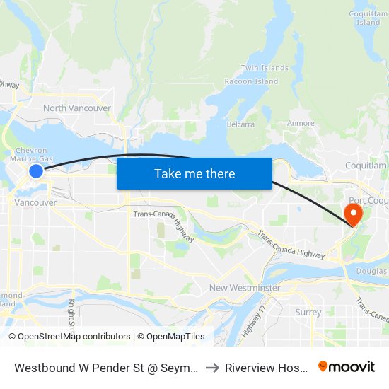 Westbound W Pender St @ Seymour St to Riverview Hospital map