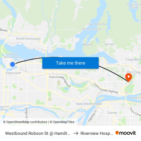 Westbound Robson St @ Hamilton St to Riverview Hospital map