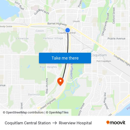 Coquitlam Central Station to Riverview Hospital map