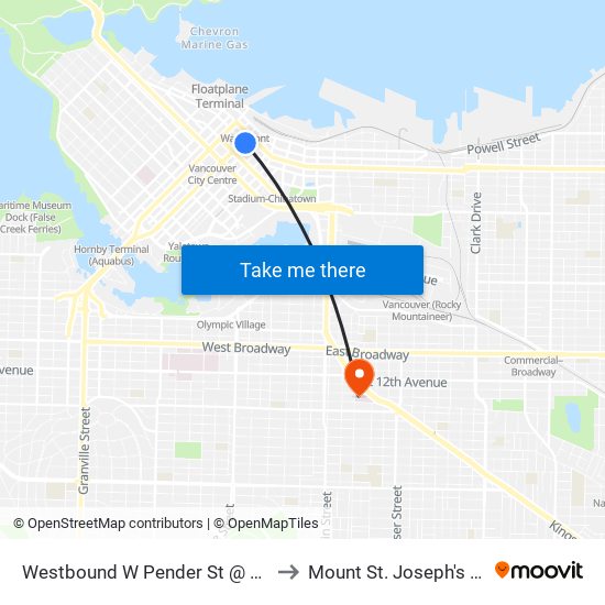 Westbound W Pender St @ Seymour St to Mount St. Joseph's Hospital map