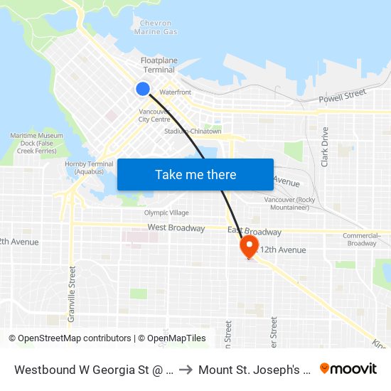 Westbound W Georgia St @ Burrard St to Mount St. Joseph's Hospital map