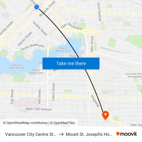 Vancouver City Centre Station to Mount St. Joseph's Hospital map