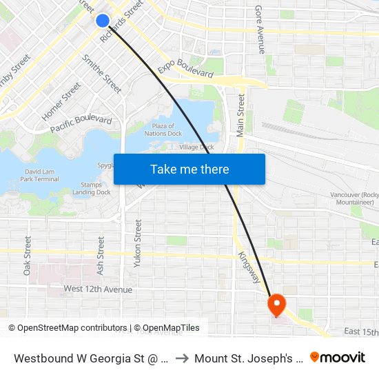 Westbound W Georgia St @ Seymour St to Mount St. Joseph's Hospital map