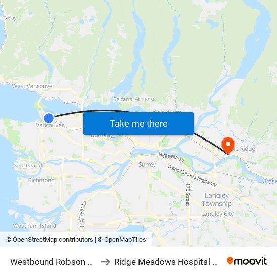 Westbound Robson St @ Hamilton St to Ridge Meadows Hospital & Health Care Centre map