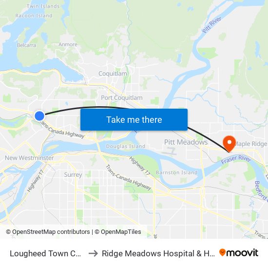 Lougheed Town Centre Station to Ridge Meadows Hospital & Health Care Centre map