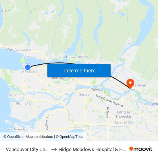 Vancouver City Centre Station to Ridge Meadows Hospital & Health Care Centre map