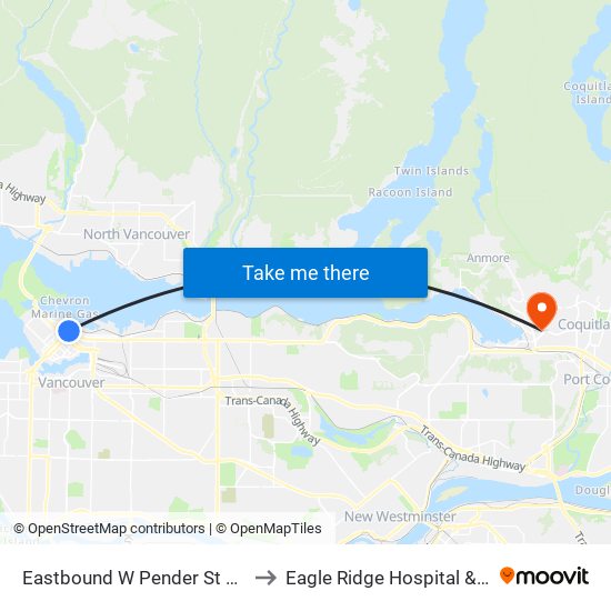 Eastbound W Pender St @ Granville St to Eagle Ridge Hospital & Health Care map