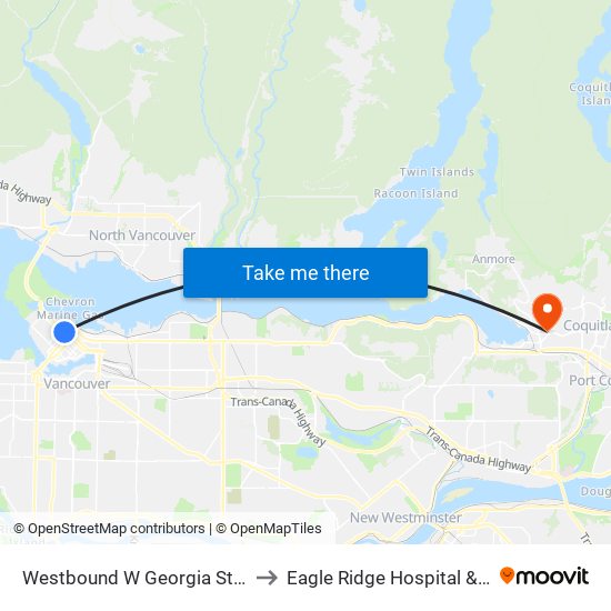 Westbound W Georgia St @ Burrard St to Eagle Ridge Hospital & Health Care map