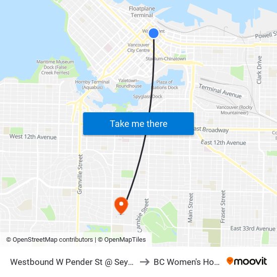 Westbound W Pender St @ Seymour St to BC Women's Hospital map