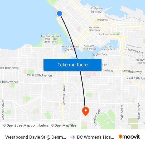 Westbound Davie St @ Denman St to BC Women's Hospital map