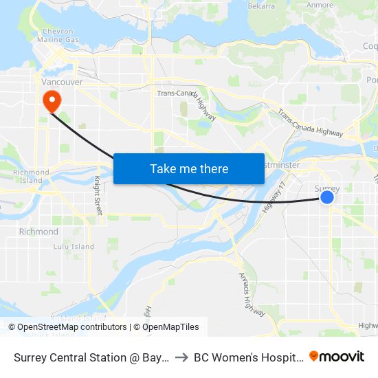 Surrey Central Station @ Bay 4 to BC Women's Hospital map