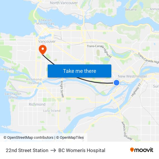 22nd Street Station to BC Women's Hospital map