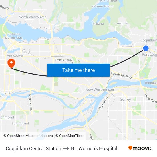 Coquitlam Central Station to BC Women's Hospital map