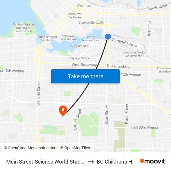 Main Street-Science World Station @ Bay 1 to BC Children's Hospital map