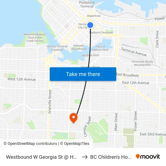 Westbound W Georgia St @ Homer St to BC Children's Hospital map